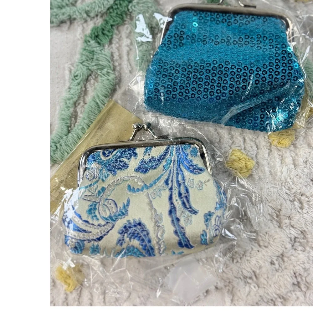 The Paragon Group Coin Purse Set of 3 Sequin Paisley Kiss Lock Aqua Pink Cream